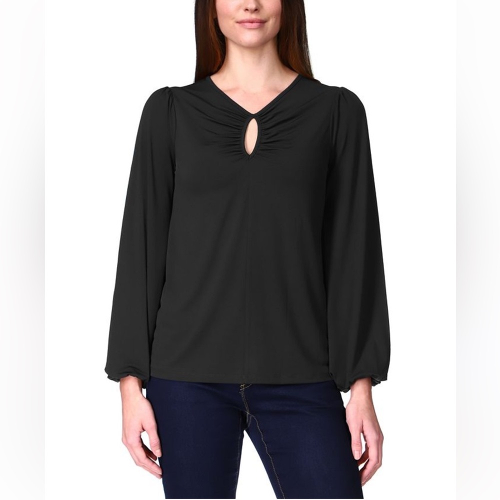 MICHAEL KORS ruched-keyhole black top with flowy long sleeves size S